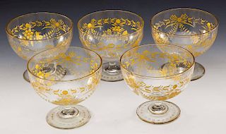 Set of 5 Gilt Etched Moser Style Footed Bowls