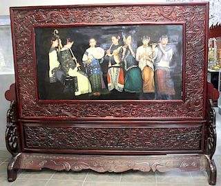 Large And Impressive Asian Painted Glass Screen In