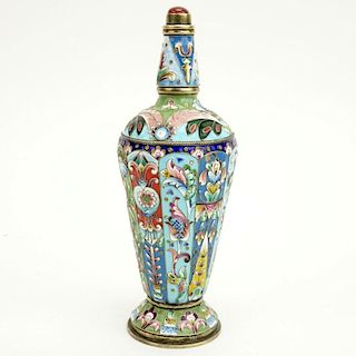20th Century Russian 88 Silver and Cloisonne Enamel Large Scent Bottle with Carnelian topped Stopper.
