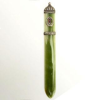 20th Century Russian Moscow 88 Silver Mounted Jade Letter Opener with Enameled Monogram "A".