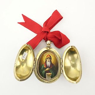 20th Century 88 Silver and Cloisonne Enamel Egg which opens to Painted Icon.