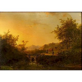 Johann Bernard (Bernhard) Klombeck Belgian (1815-1893) Oil on Wood Panel "Landscape with Figures Walking Near a River at Dusk" Circa 1867.