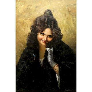Attributed to: Federico Zandomeneghi, Italian  (1841 - 1917) Oil on canvas "Portrait Of A Young Beauty"