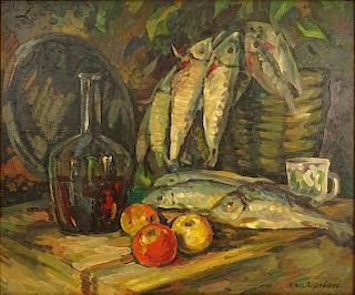 Attributed to: Konstantin Korovin, Russian Oil on canvas, Still Life with Fish.