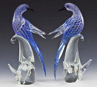 Pair of Cobalt Blue & Clear Glass Murano Birds