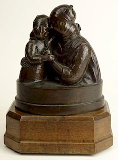20th Century French Bronze "Mother and Child" Signed L. Pineau (Listed in Benezit) On Wood Base.