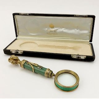 Early 20th Century Russian Gilt 88 Silver Mounted Nephrite Jade and Guilloche Enamel Magnifying Glass with Elephant Finial and with European and Rose 
