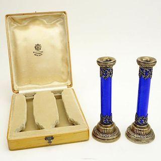 Pair of Early 20th Century Russian 88 Silver and Guilloche Enamel Candlesticks in later fitted box signed Faberge.