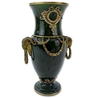 20th Century Russian Gilt Silver Mounted Nephrite Jade Vase with Ram's Head Ring Handles.