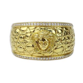 Vintage Gianni Versace Heavy 18 Karat Yellow Gold and Round Brilliant Cut Diamond Hinged Cuff Bracelet