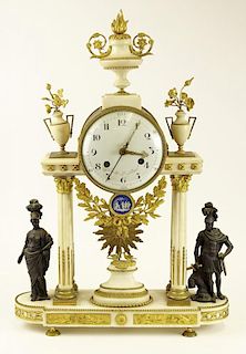 Third quarter 18th century French Gavelle L'Aine Louis XVI ormolu mounted white marble striking portico clock