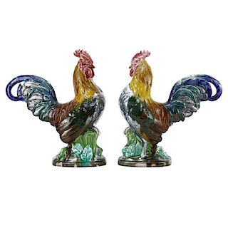 Pair of 19th Century Minton Majolica Glazed Porcelain Roosters.
