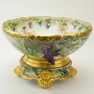 Antique T&V Limoges France Hand Painted Gilt Porcelain Punch Bowl on Matching Plinth.