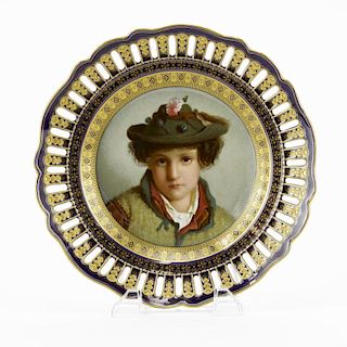 Fine 19th Century Meissen Cobalt Blue Gilt Hand Painted Reticulated Plate with Old Master Painting.