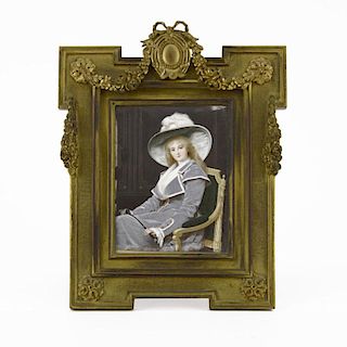 19th Century Hand Painted Portrait Miniature in Heavy Gilt Bronze Frame.