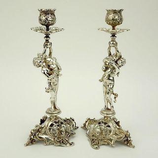 Pair Antique German 800 Silver Figural Candlesticks.