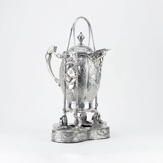 Ornate Victorian Roger Bros. Silver Plate Water Tippler. Figural spout, birds, flowers, dolphins throughout.