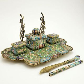 Large Early 20th Century Russian signed Feodor Ruckert Six (6) Part 88 Gilt Silver and Cloisonne Enamel Inkstand.