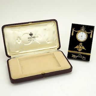 20th Century Russian 88 Gilt Silver Mounted Black Onyx Desk Clock accented with Rose Cut Diamonds and Cabochon Garnets in fitted box