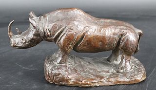 A.F. Monogrammed Bronze Rhino Sculpture.