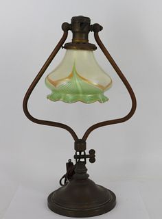 Signed Steuben Harp Lamp with Favrile Glass Shade