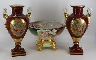 Limoges Porcelain Bowl On Stand &  A Pair Of