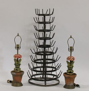 A Vintage Pair Of Carved Wood Lamps Together With