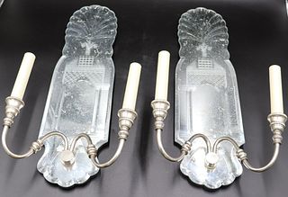 A Vintage Pair Of Etched Mirrored Sconces.