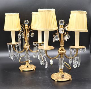 Antique Bronze & Crystal Candelabra As Lamps.