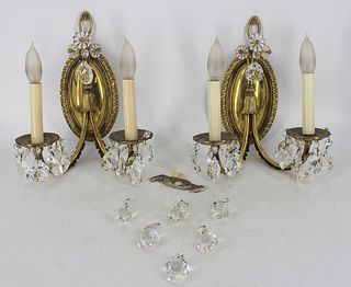 A Pair of Bronze & Crystal 2 Light Sconces