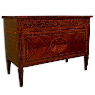 19th Century Italian Marquetry Inlaid Fruitwood Commode.