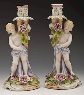 Pair of Dresden Porcelain Figural Candlesticks