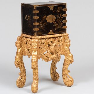 Chinese Black Lacquer and Mother-of-Pearl Cabinet on an Anglo-Dutch Giltwood Stand