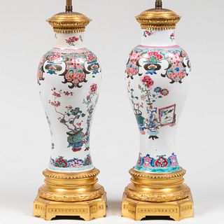 Pair of Chinese Export Famille Rose Porcelain Gilt-Metal-Mounted Baluster Vases Mounted as Lamps