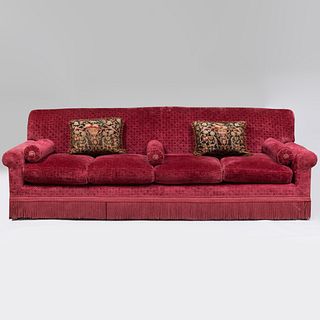 Fine French Raspberry Cotton and Linen Velvet Gauffrage Sofa with Three Matching Bolsters with a Bullion Fringe and Rosettes, Designed by Stephen Bast