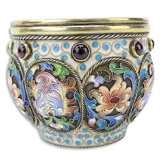 Early 20th Century Russian Fedor Ruckert 84 Silver Open Bowl with Cabochon Garnets