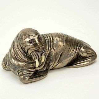20th Century Russian 88 Silver Figural Walrus with Ruby Eyes.