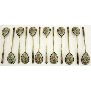 Twelve (12) Early 20th Century Russian 84 Gilt Silver and Cloisonne Enamel Spoons