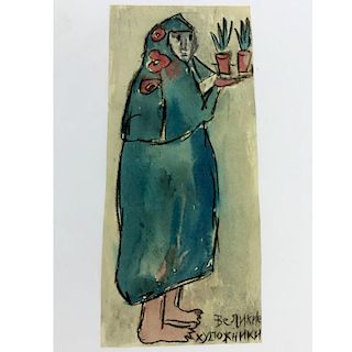 Russian School Ink and Watercolor on Paper "Woman with Two Plants"