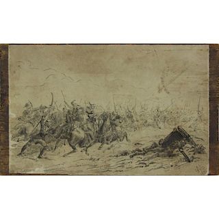 19th Century Russian School Ink on Paper Laid Down On Board "Battle scene, Cossacks Fighting Turks"
