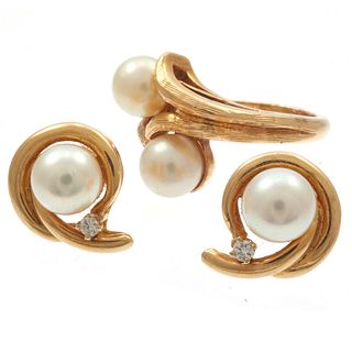 Cultured Pearl, Diamond, 14k Ring and Pair of Earrings