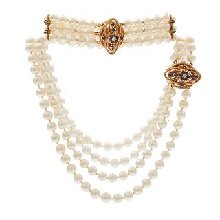 Cultured Pearl, Diamond, Sapphire, 14k Jewelry Suite