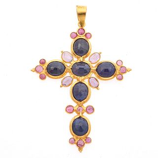 Sapphire, Ruby, 18k Yellow Gold Cross Pendant