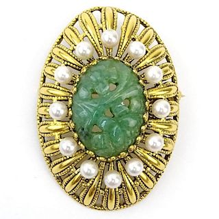 Vintage 14 Karat Yellow Gold, Carved Green Jade and Pearl Brooch