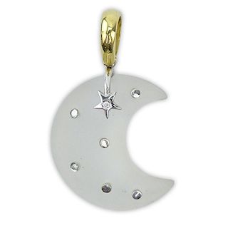 Vintage Rock Crystal Crescent Moon and 18 Karat Yellow Gold Pendant with Small Diamond Accent