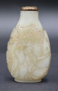 19th C Chinese White Jade Carved Snuff Bottle.