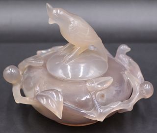 Chinese Carved Agate Lidded Vessel with Bird.