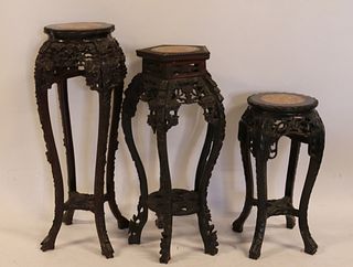 3 Antique Highly Carved Chinese Hardwood Stands.