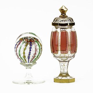 Antique Czech Bohemian Cut to Clear Covered Chalice along with Vintage Murano Millefiori Footed Paperweight
