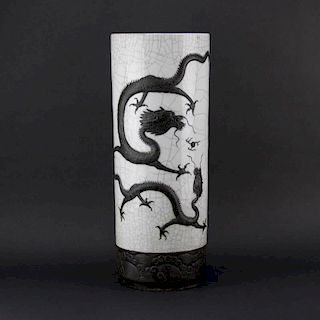 19/20th Century Chinese Crackle Glaze Raised Dragon and Crane Relief Umbrella Stand
